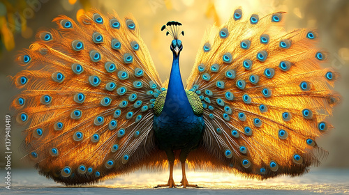 A beautiful peacock displaying its vibrant iridescent colored feathers gracefully