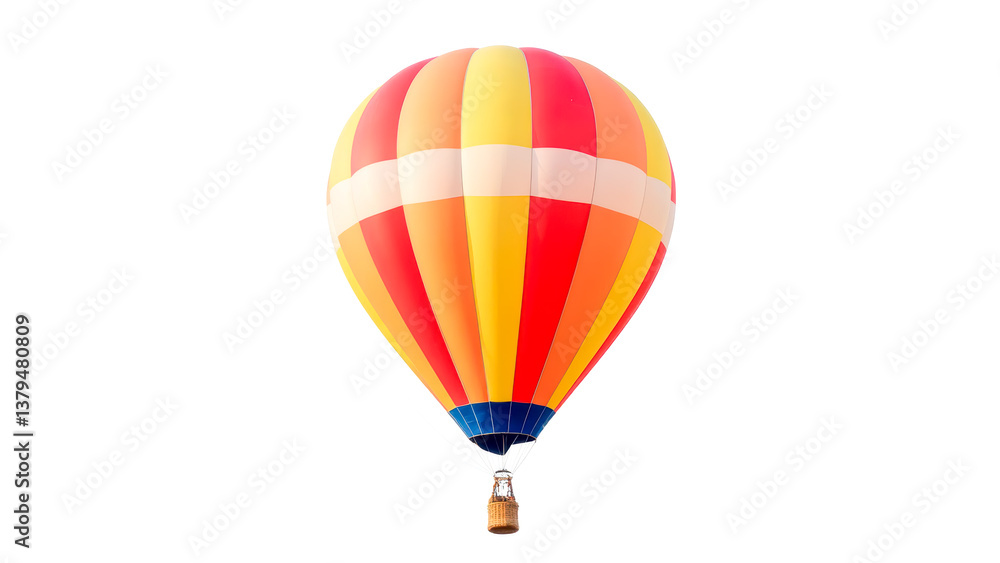 Obraz premium Colorful Hot Air Balloon Flying in Clear Sky with Vibrant Stripes for Adventure and Travel Themes