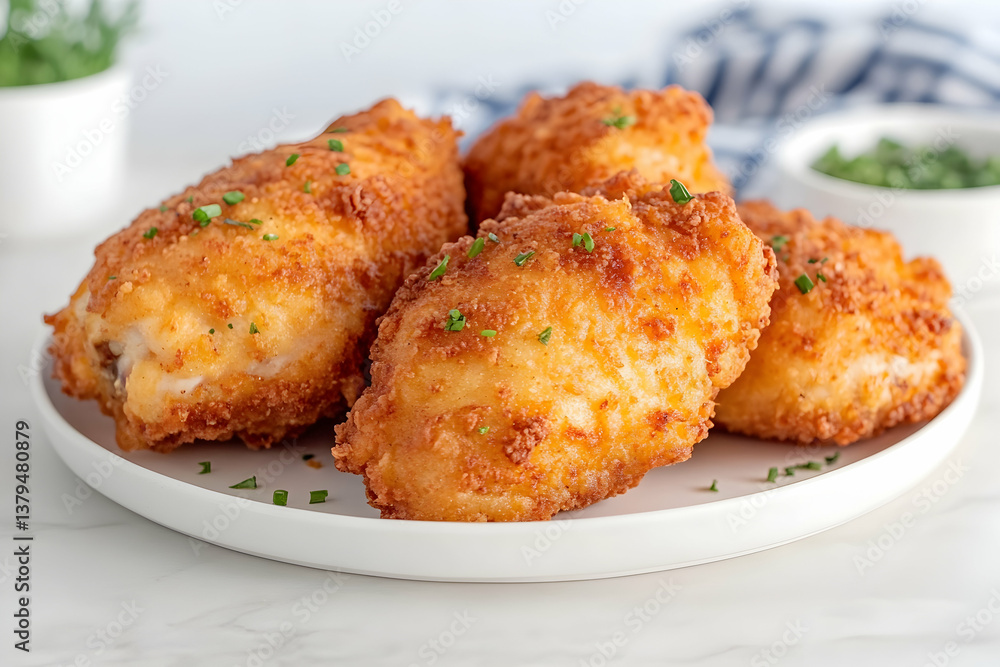 Golden-brown, crispy breaded chicken breasts on a white plate, garnished with fresh herbs Golden-brown, crispy breaded chicken breasts on a white plate, garnished with fresh herbs