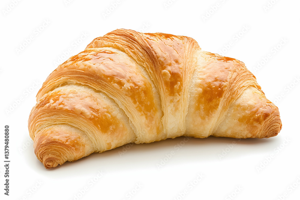 Golden-brown croissant, flaky layers, isolated on white Golden-brown croissant, flaky layers, isolated on white