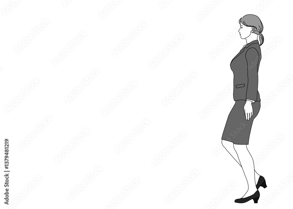 スーツを着た歩く女性会社員 ビジネスウーマンのイラスト 全身横向き 横顔