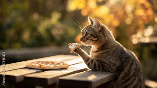 Tabby cat eating pizza outdoors at sunset.