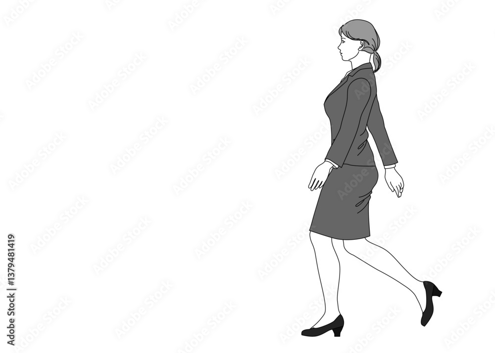 スーツを着た歩く女性会社員 ビジネスウーマンのイラスト 全身横向き 横顔