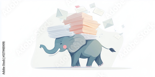 Elephant overloaded with falling letters and documents on soft background..