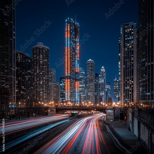 Night cityscape with illuminated skyscraper and light trails.