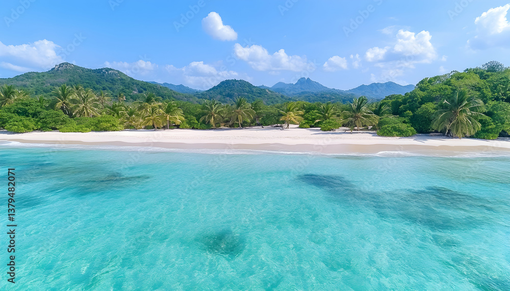 Fototapeta premium Idyllic tropical beach with crystal-clear turquoise water, white sand, and lush green mountains