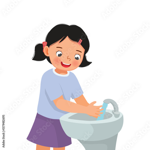 Little girl washing hands with running water at the sink 