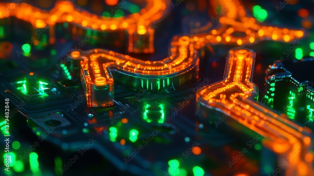 Obraz premium Abstract glowing orange and green circuit board.
