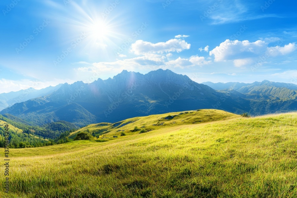 Beautiful mountain landscape with a bright sun shining on the grassy hill Beautiful mountain landscape with a bright sun shining on the grassy hill