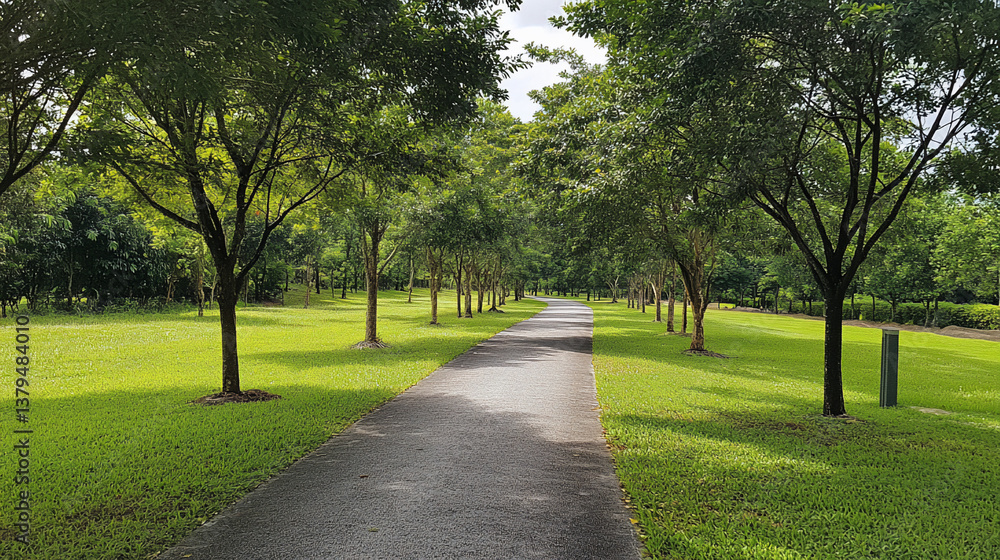 Fototapeta premium Sunlit path through lush green park.