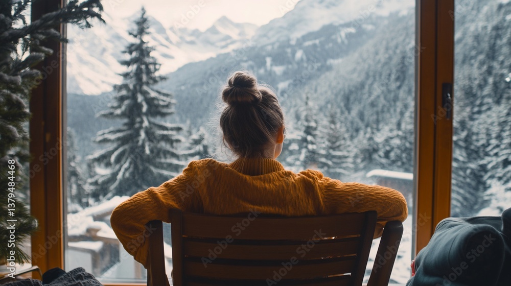 Fototapeta premium Woman in warm sweater admires snowy mountain view from large window.