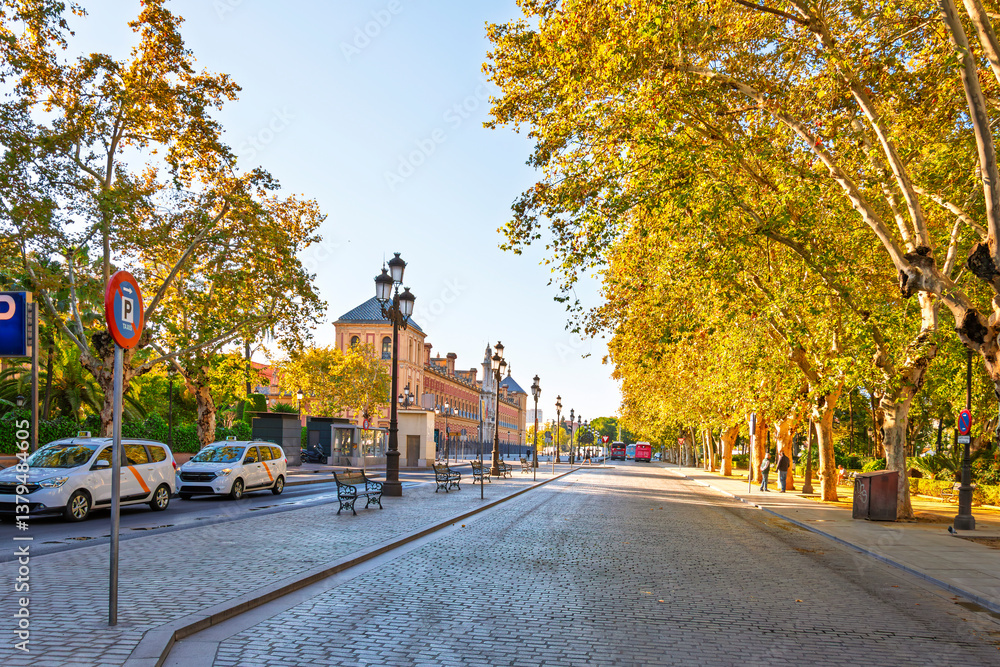 Fototapeta premium The wide tree lined streets near the historic center of Seville, Spain, with the Palacio de San Telmo Government building on the left during autumn.