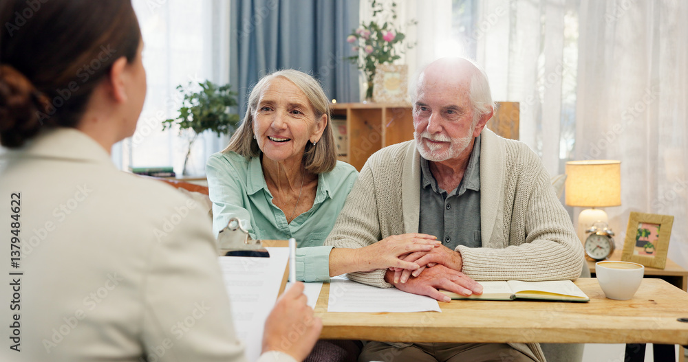 Obraz premium House, old couple and consultant with documents, retirement plan and conversation for budget advice. Financial meeting, man or woman in lounge, paperwork for legal agreement or will with investment