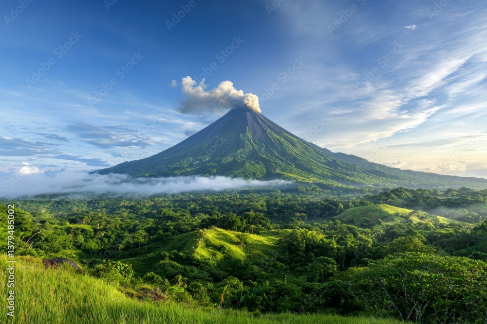 Fototapeta premium A mountain with a volcano on top and a lush green forest below