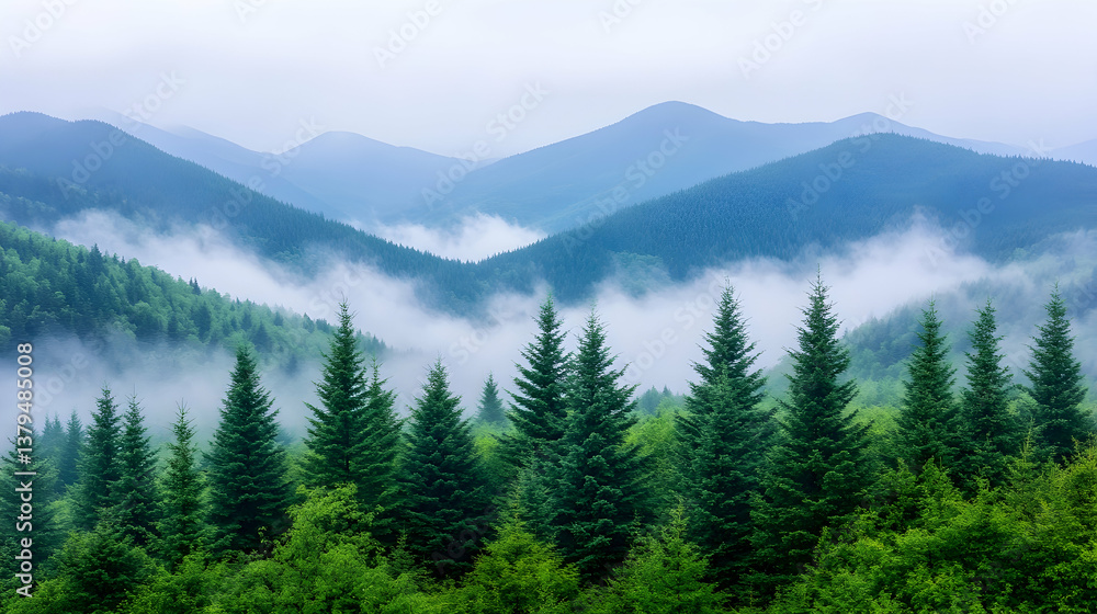 Misty mountain landscape with evergreen forest Misty mountain landscape with evergreen forest