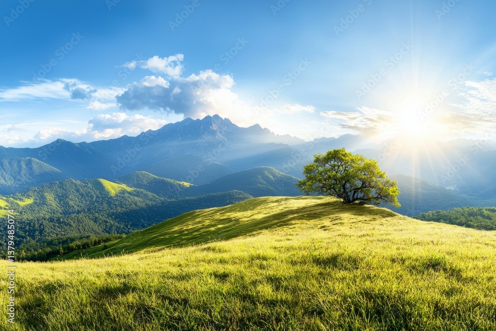 Fototapeta premium Large tree stands in a grassy field with mountains in the background