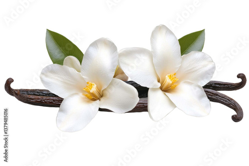 Two white flowers with green leaves are on a brown stem, isolated