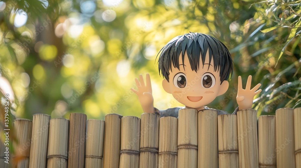 Happy anime boy figure peeking over bamboo fence in sunny garden.