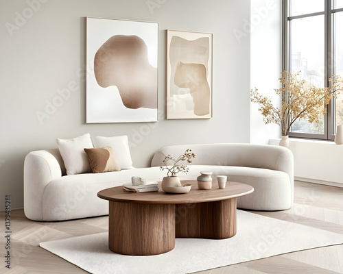 Modern living room with beige sectional sofa, oval coffee table, and abstract art
