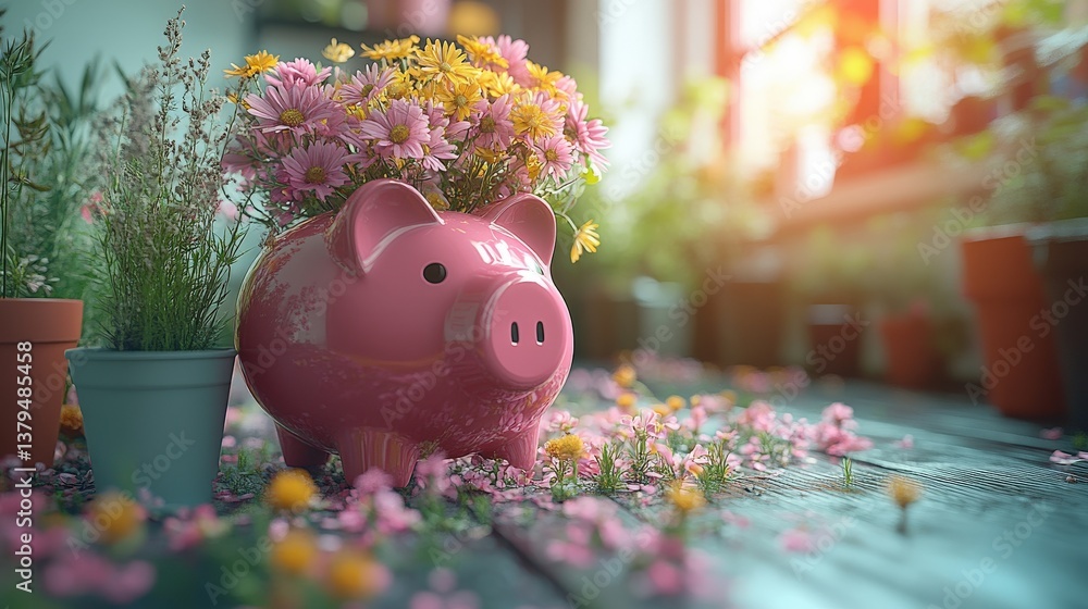 Obraz premium Pink piggy bank filled with colorful flowers on rustic wood surface