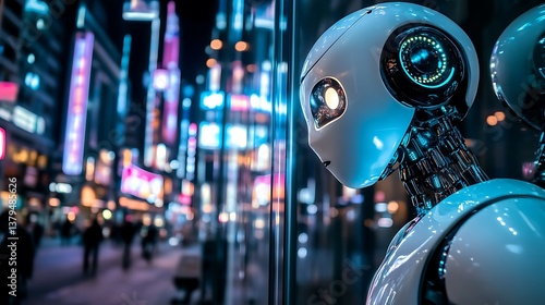 A futuristic robot with luminous features gazing out at a vibrant city street filled with colorful neon lights at night, showcasing advanced technology and urban atmosphere