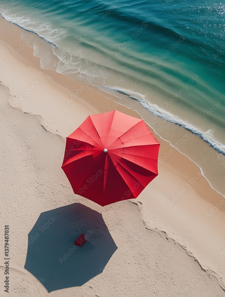 Naklejka premium Aerial view of a vibrant red beach umbrella casting a shadow on soft golden sand near the turquoise sea, evoking relaxation, summer vacations, tropical destinations, and coastal serenity.