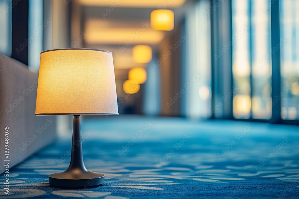 Illuminated table lamp on blue carpet in modern hallway.