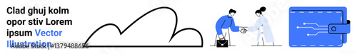 Large cloud outline, two people exchanging items, blue wallet with circuit details. Ideal for technology, data security, fintech, cloud storage, teamwork, digital payments simple landing page