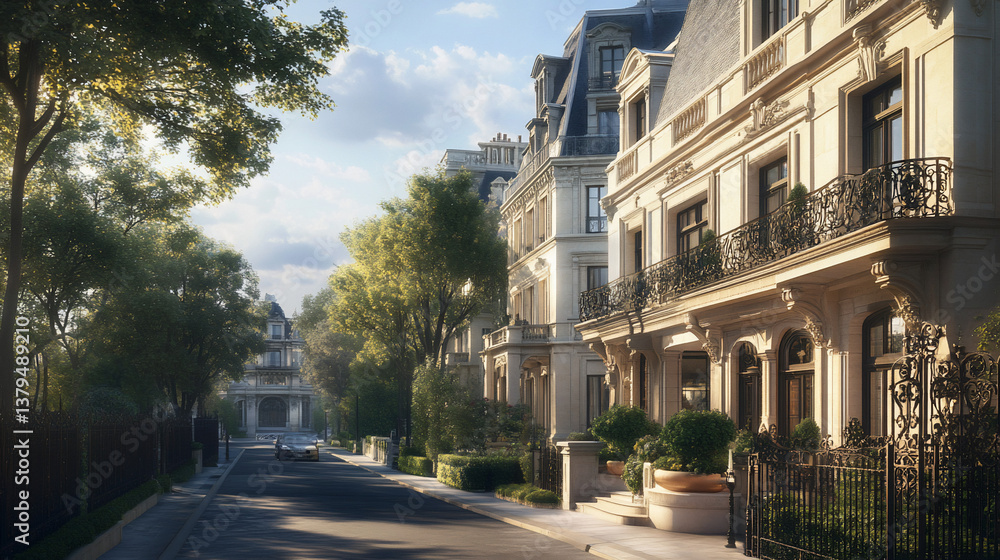 Fototapeta premium Sunlit street with elegant townhouses, lush greenery, and a classic architectural style.