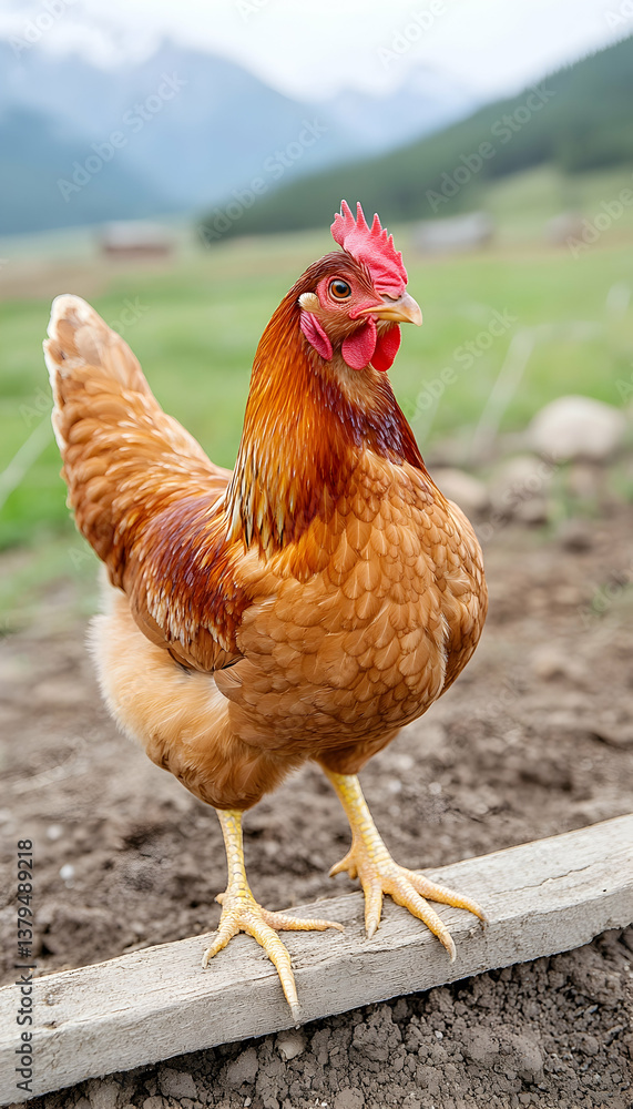 Fototapeta premium Rustic hen standing on wood, mountains background