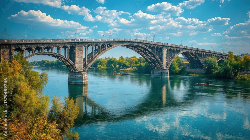 Fototapeta premium Old Bridge over River, Sunny Day, Peaceful Scene, Autumn Colors