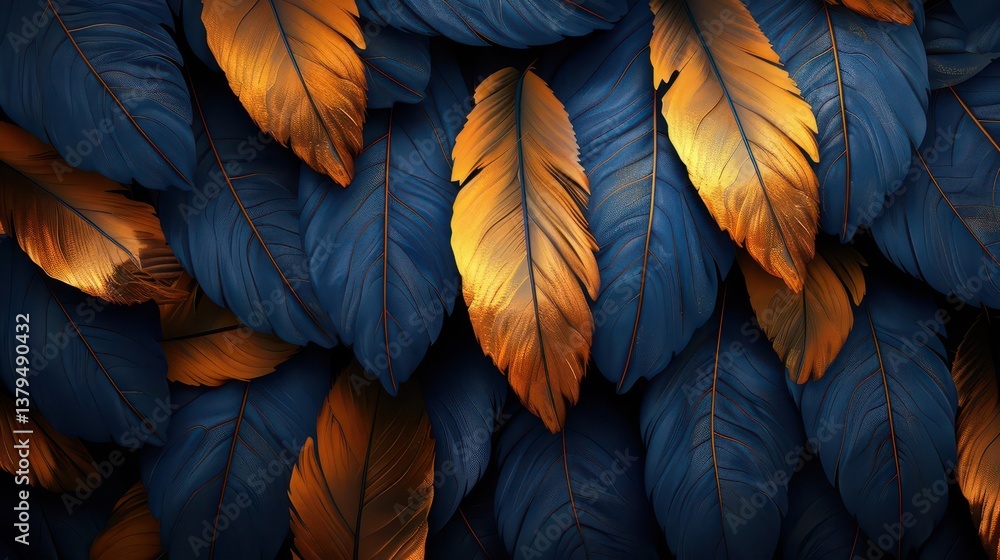 A close-up of vibrant blue and gold leaves creating a rich texture and visual contrast. A close-up of vibrant blue and gold leaves creating a rich texture and visual contrast.