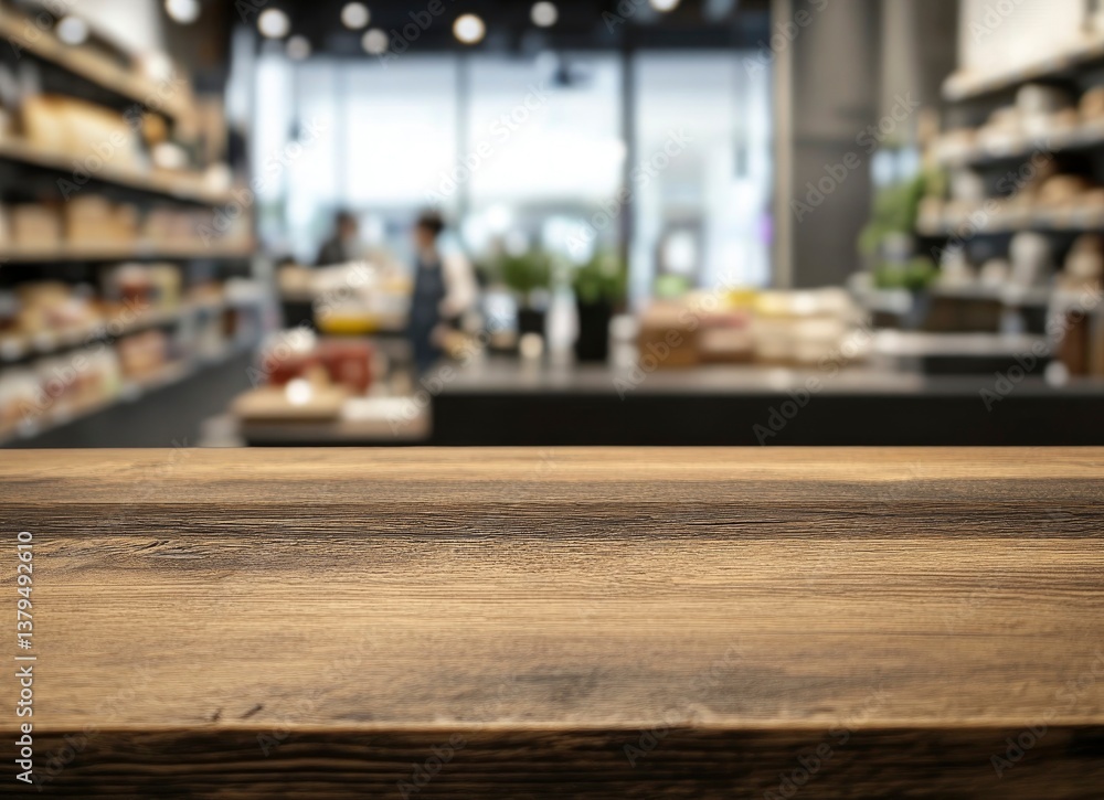 Rustic Wooden Table Top in a Grocery Store with Blurred Background Rustic Wooden Table Top in a Grocery Store with Blurred Background