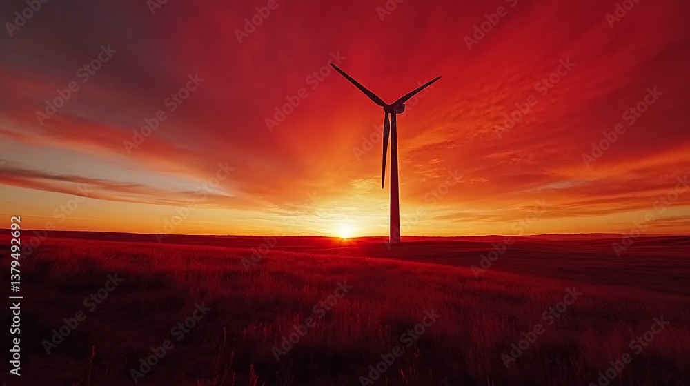 Wind turbine silhouetted against a vibrant red sunset over a grassy field.