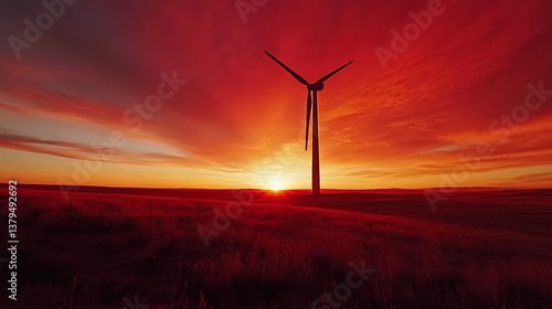 Obraz na płótnie Wind turbine silhouetted against a vibrant red sunset over a grassy field. w salonie
