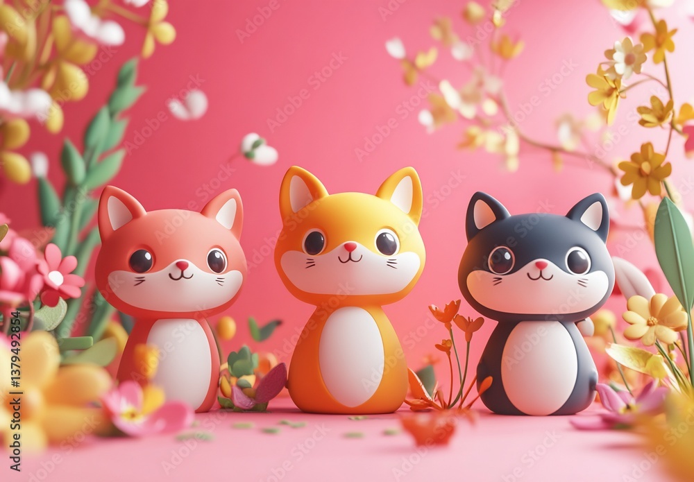 Naklejka premium Three adorable cartoon cats in a spring garden.