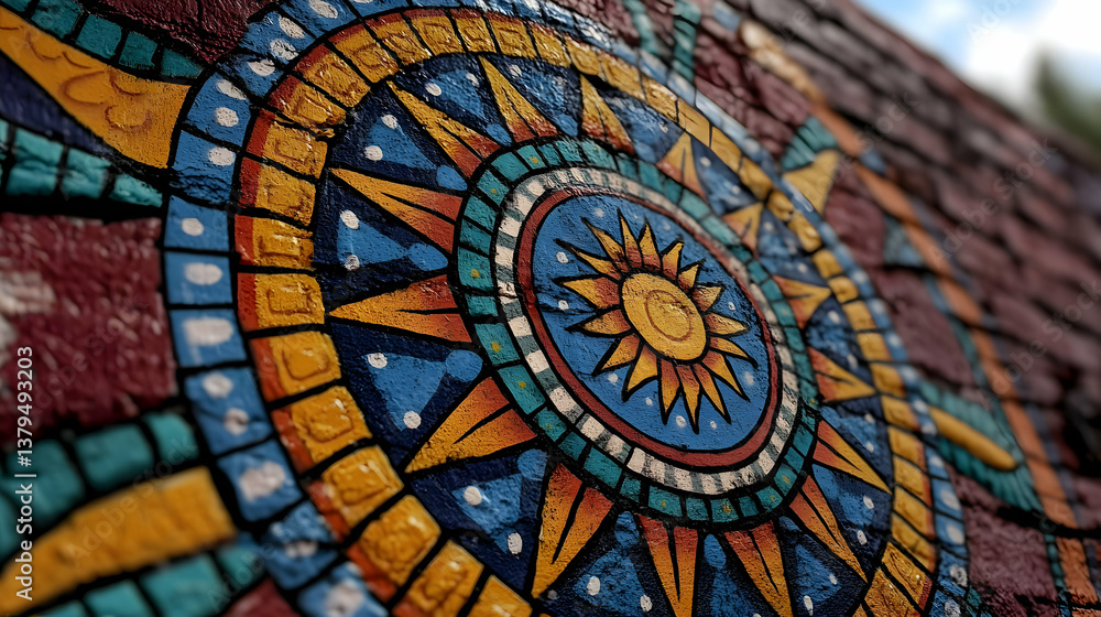 Colorful Sun Mosaic on Brick Wall Colorful Sun Mosaic on Brick Wall