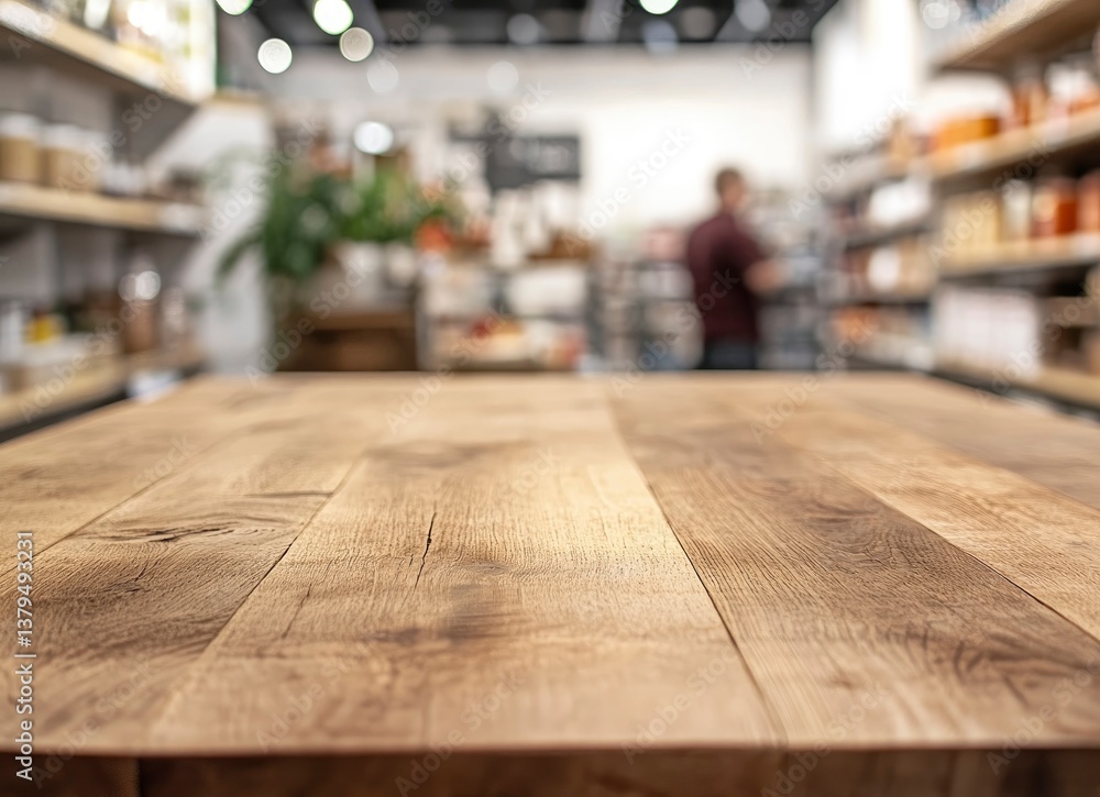 Wooden Tabletop in Retail Store with Blurred Background Product Display Wooden Tabletop in Retail Store with Blurred Background Product Display