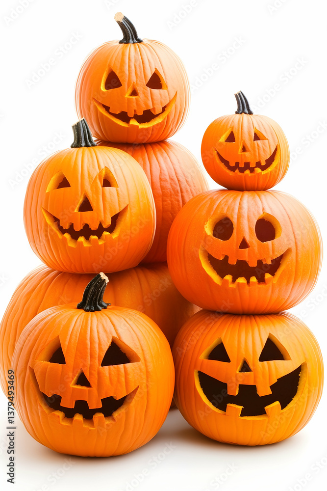 Stack of carved jack-o'-lanterns on white background Stack of carved jack-o'-lanterns on white background