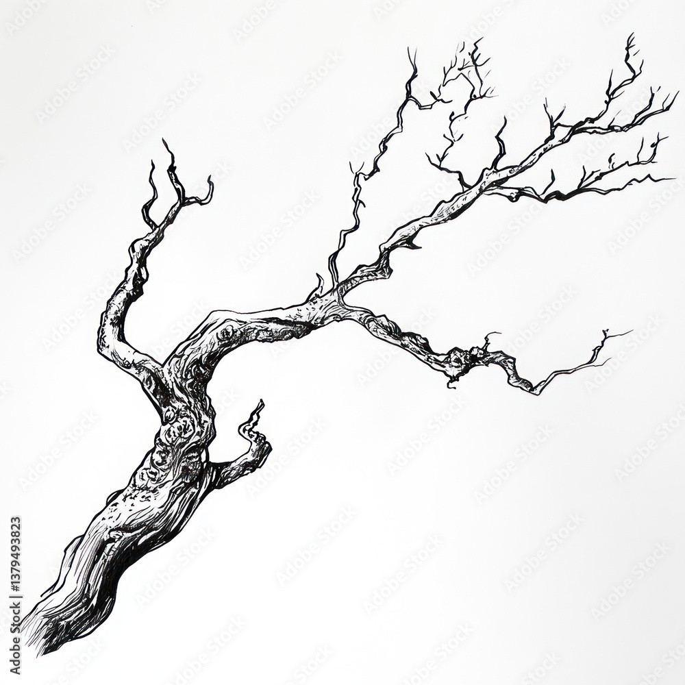 Fototapeta premium A detailed pen and ink drawing of a weathered tree branch
