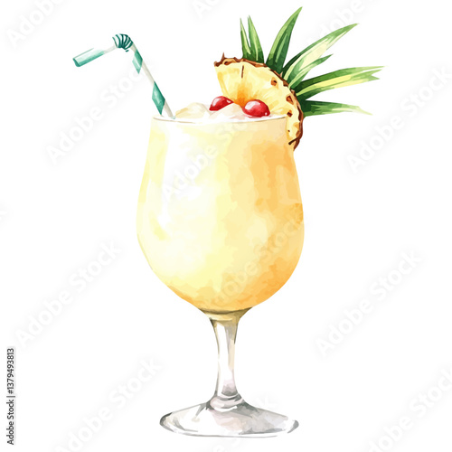 watercolor vector of Piña Colada, isolated on a white background. Piña Colada vector

