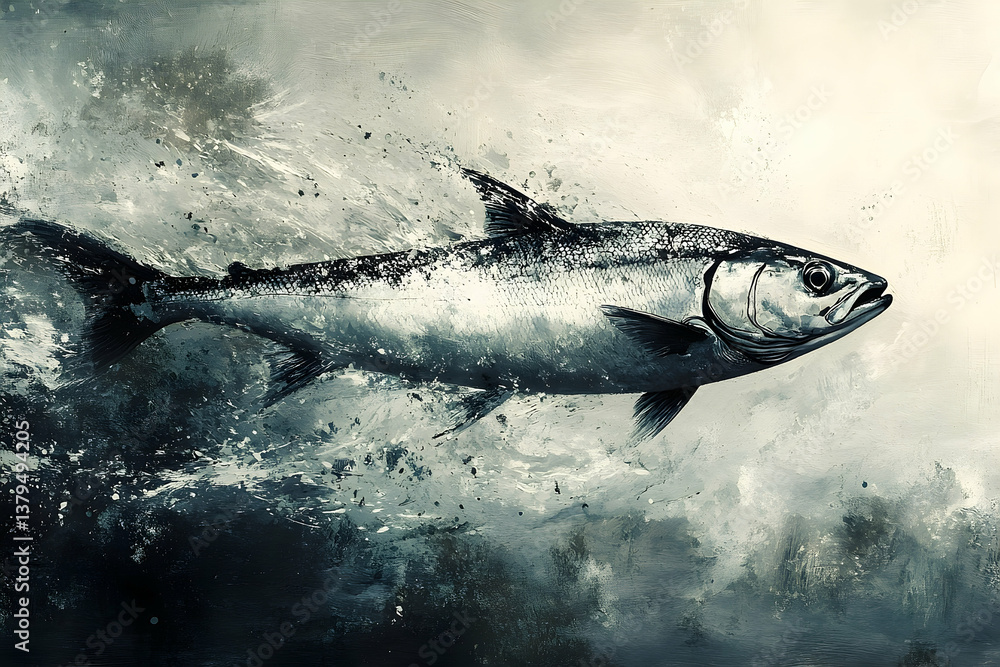 Obraz premium A stylized depiction of a silver fish swimming powerfully through water
