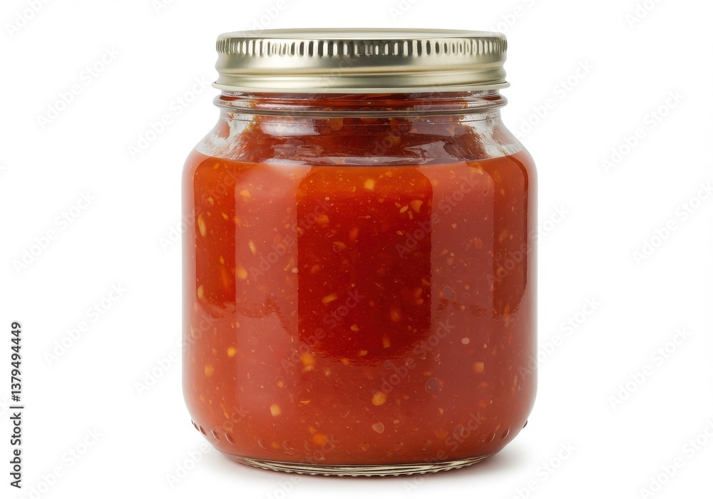 Glass jar filled with red chili sauce on light background with metal clip lid Glass jar filled with red chili sauce on light background with metal clip lid