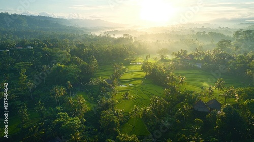 Wallpaper Mural Sunrise over lush green rice terraces, misty valley.  Aerial view.  Possible use travel brochure Torontodigital.ca