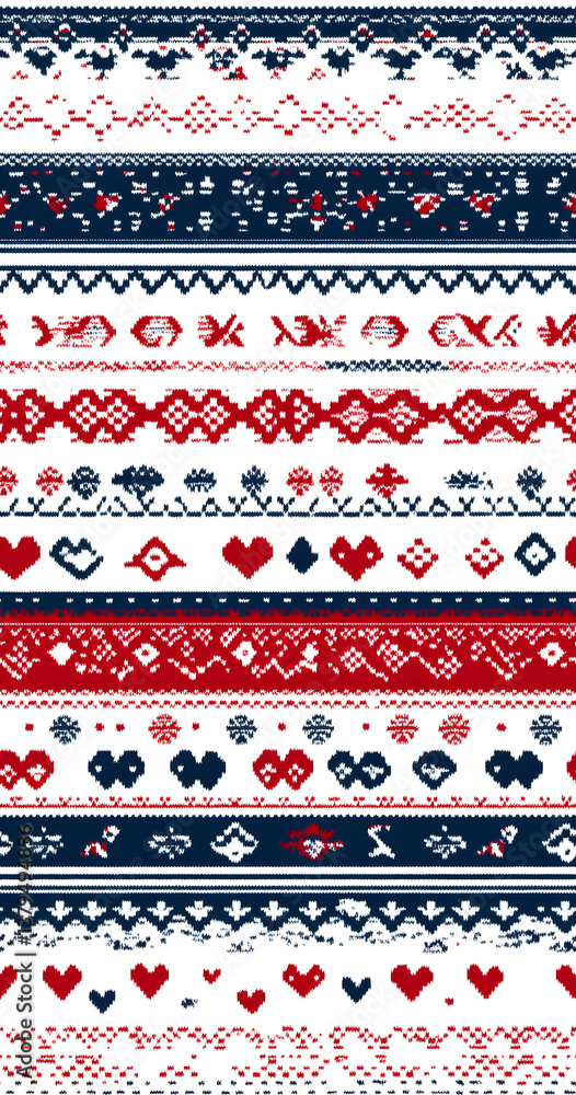 Festive Christmas sweater pattern with 'Hoard' in red, white, and blue knitted texture vector illustration on an isolated background. The design features traditional Nordic patterns such as hearts Festive Christmas sweater pattern with 'Hoard' in red, white, and blue knitted texture vector illustration on an isolated background. The design features traditional Nordic patterns such as hearts