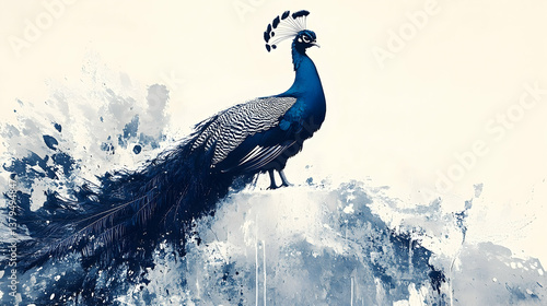 An elegant peacock poses against a neutral background with expressive artistic effects