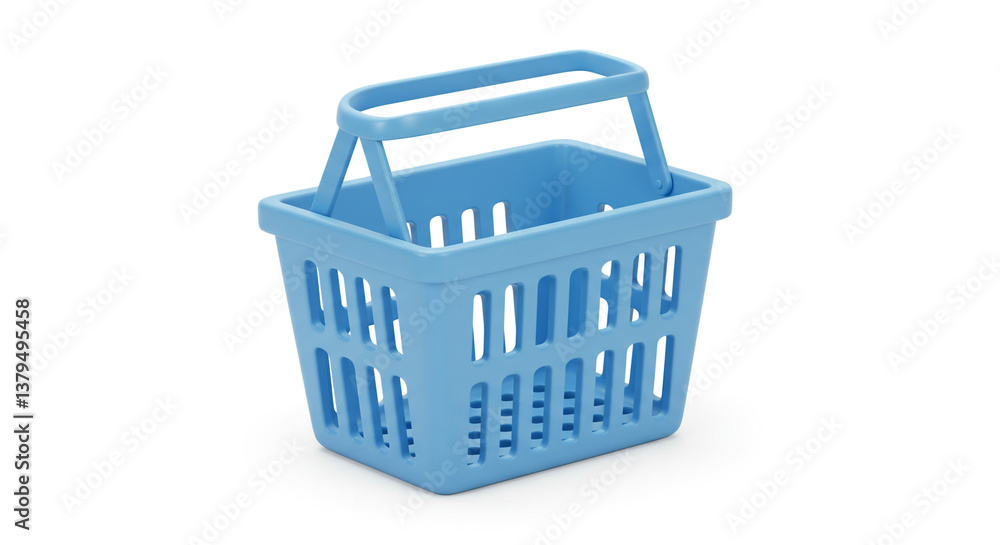 Fototapeta premium A cheerful pastel blue plastic shopping basket ready for a quick trip to the market, showcasing its convenient handle and lightweight design against a bright white background.