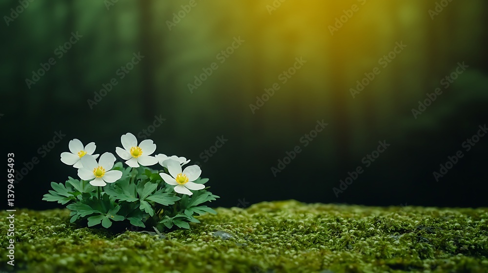 Obraz premium Delicate white flowers bloom on a mossy surface in a serene forest, illuminated by soft sunlight