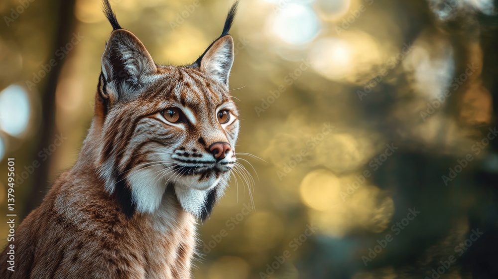 Fototapeta premium Lynx Portrait in Nature Habitat with Soft Focus Background Looking Left