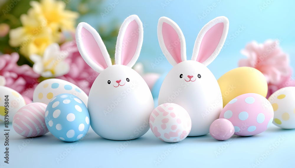 Fototapeta premium Two cute bunny-shaped Easter eggs with pastel colored eggs and flowers